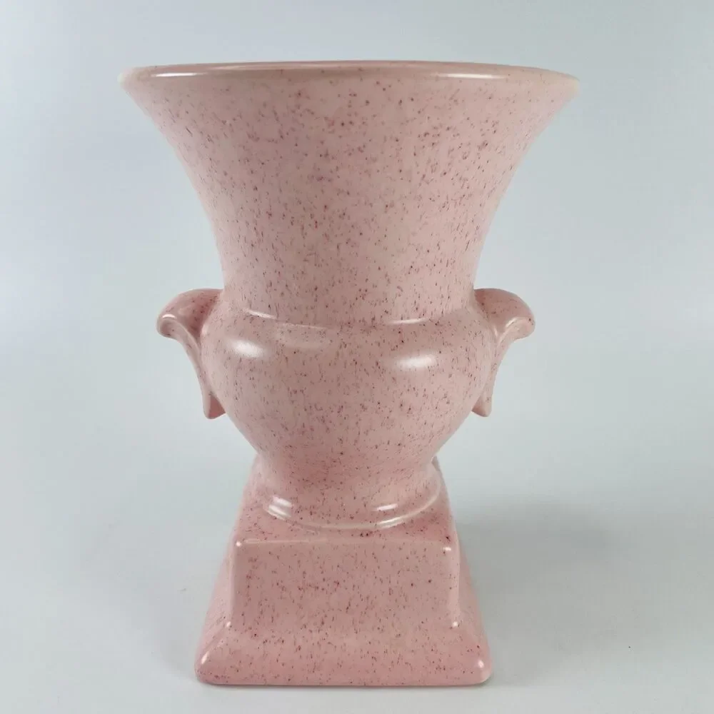 Vtg Art Deco Speckled Pink Pottery Urn Vase Planter Square Plinth 6.5